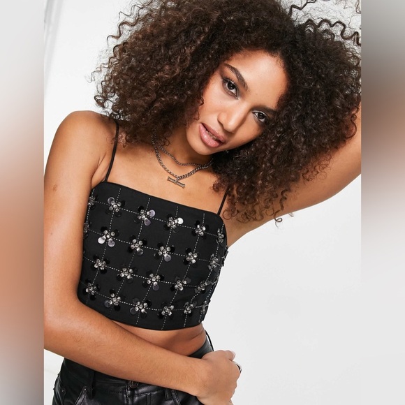 & Other Stories heavily embellished cami crop top in black , sz : 2 - Picture 2 of 10